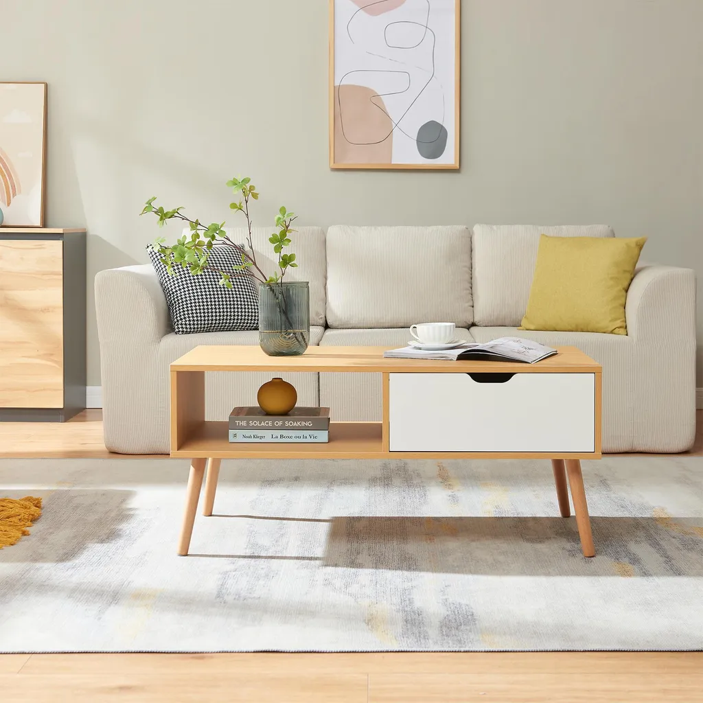 Table de salon rectangulaire Bordkak 100 cm avec tiroir blanc chêne