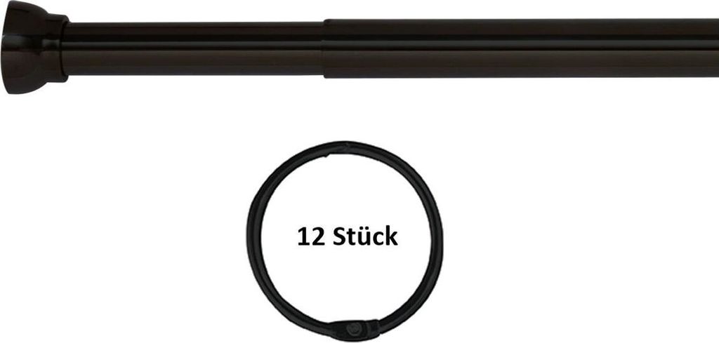 Spirella Teleskopstange Kreta | Duschvorhangstange ohne Bohren | als Duschstange, Kleiderstange | 75-125 cm matt Schwarz + 12 Duschvorhangringe