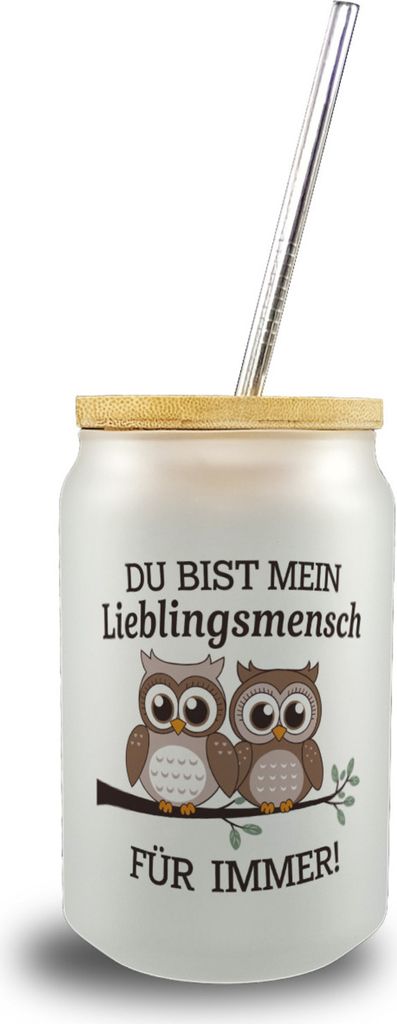 Zwei niedliche Eulen Lieblingsmensch Trinkglas mit Bambusdeckel