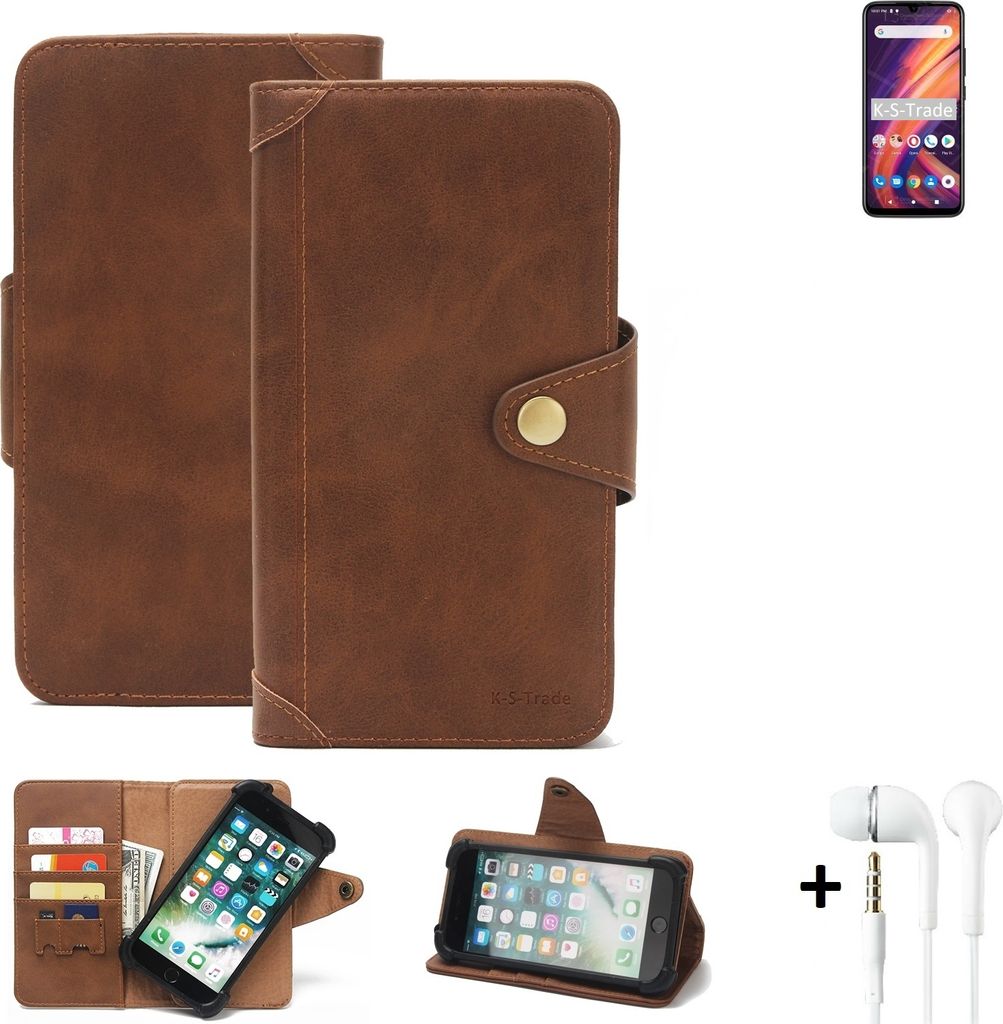 K-S-Trade Handyhülle + Kopfhörer für Lenovo A7 Schutz Hülle Walletcase Bookstyle Tasche Case Handytasche Wallet Flipcase Cover PolyurethanBraun...