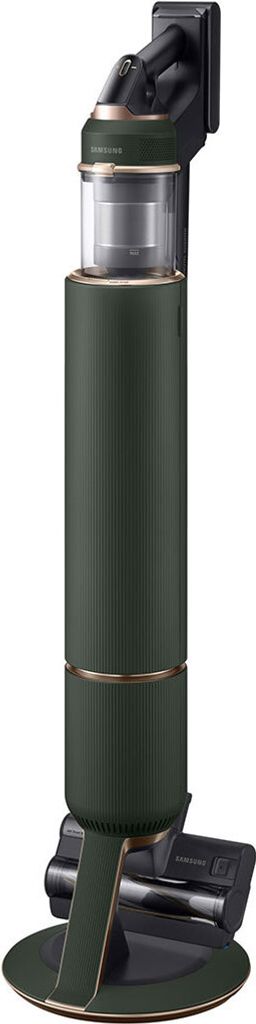 A dark green Samsung BESPOKE Jet vacuum cleaner is shown standing upright on a white background.