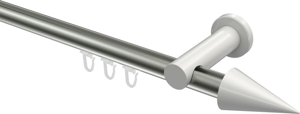Interdeco Innenlaufstange / Gardinenstange mit Innenlauf Edelstahl-Optik / Weiß, Typ Platon Savio (Kegel), 20 mm Ø 1-läufig, 440 cm