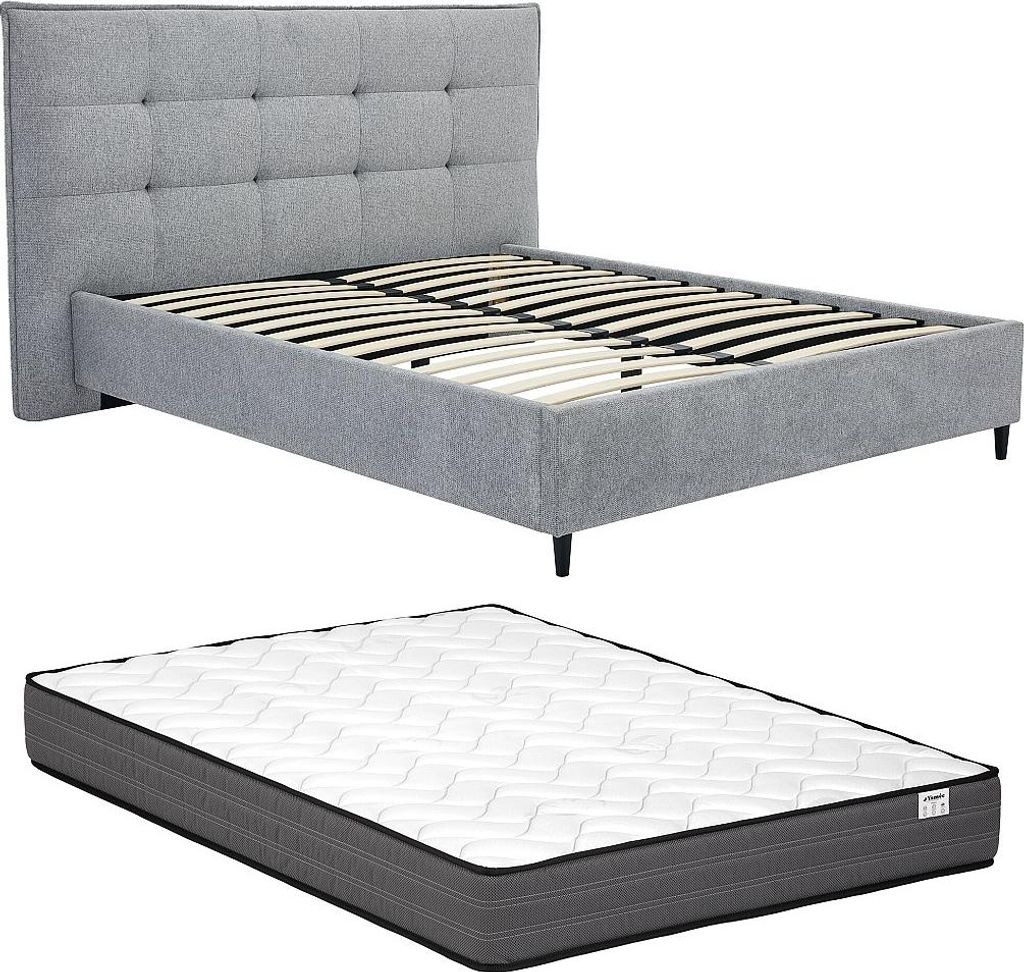 Bett 180 x 200 cm mit gestepptem Kopfteil - Stoff - Grau + Matratze - NIRPIO