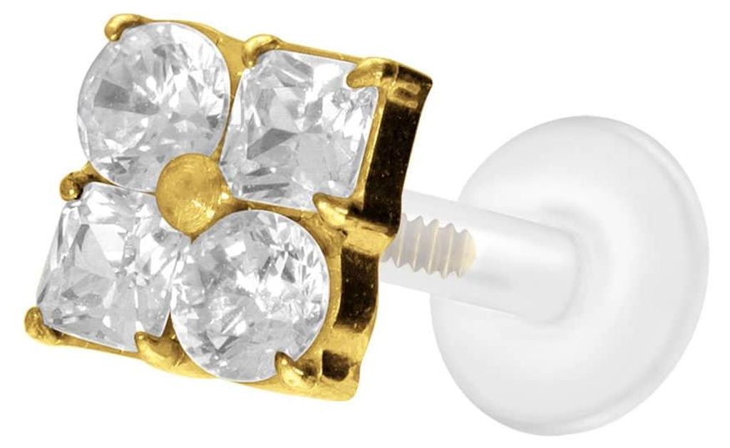 Ohrpiercing, Nasenpiercing PTFE Labret mit Innengewinde + Titan-Aufsatz KRISTALLBLUME Gold Stablänge: 6mm | Stabstärke: 1,2mm