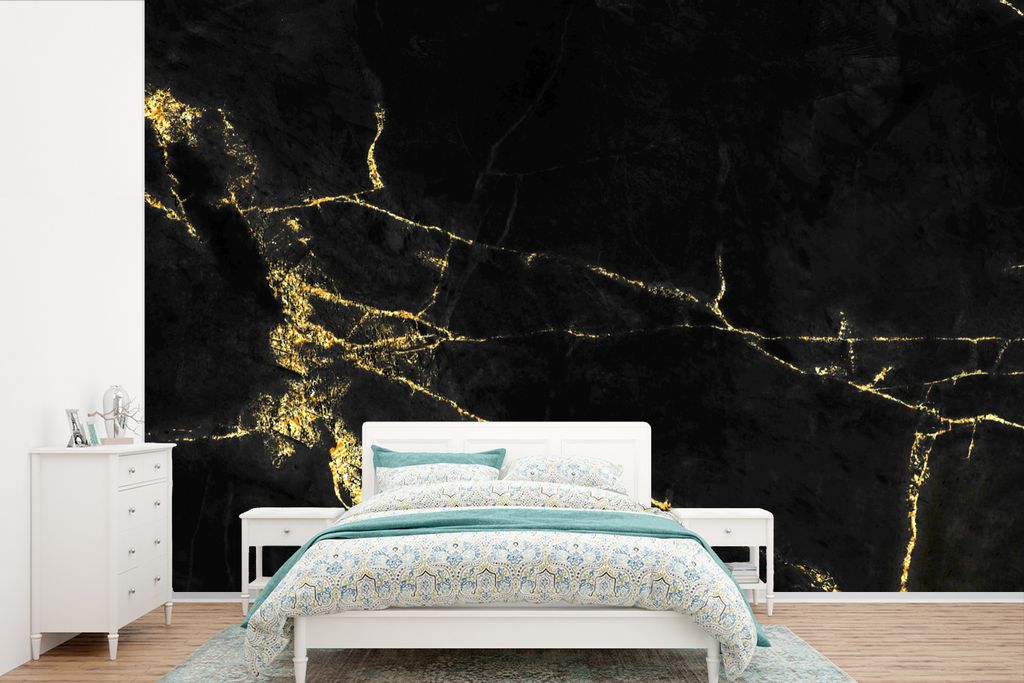 MuchoWow Fototapete für Wohnzimmer oder Schlafzimmer Wandtapete Vinyl Motivtapete Marmor - Schwarz - Gold - Luxus - 420x280 cm - Zimmer für Kinder
