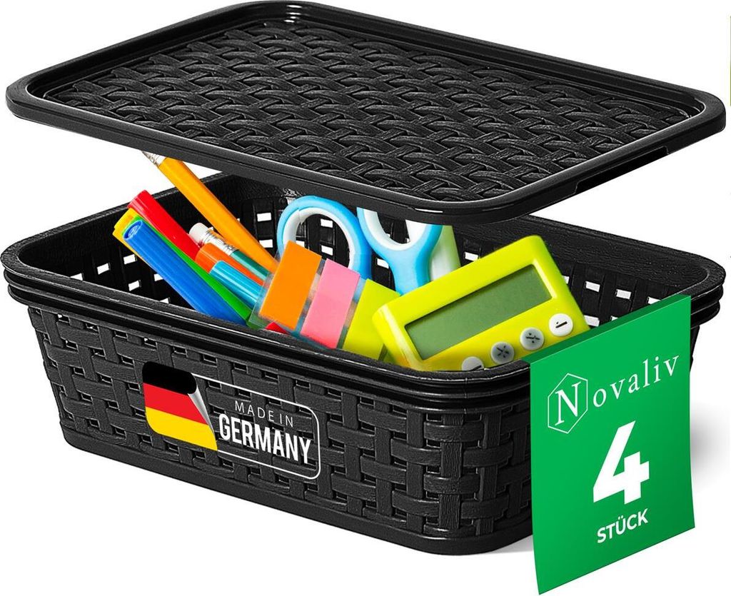 Novaliv 4er Set Elegante Aufbewahrungskörbe mit Deckel in Rattan-Optik | Schwarz Lebensmittelecht Kunststoff 1L – für Büro und Zuhause. Vielse...