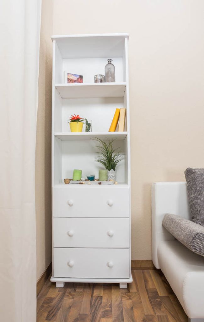 Bücherregal - 60 cm breit, Kiefer Holz-Massiv, Farbe: Weiß