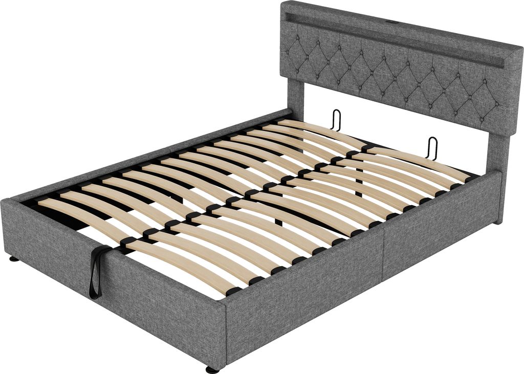 Polsterbett 160x200cm Doppelbett (Ohne Matratze) Stauraumbett Flachbett LED-Umgebungslicht 24-Tasten-Fernbedienung Mit USB und Typ-C Leinen Grau