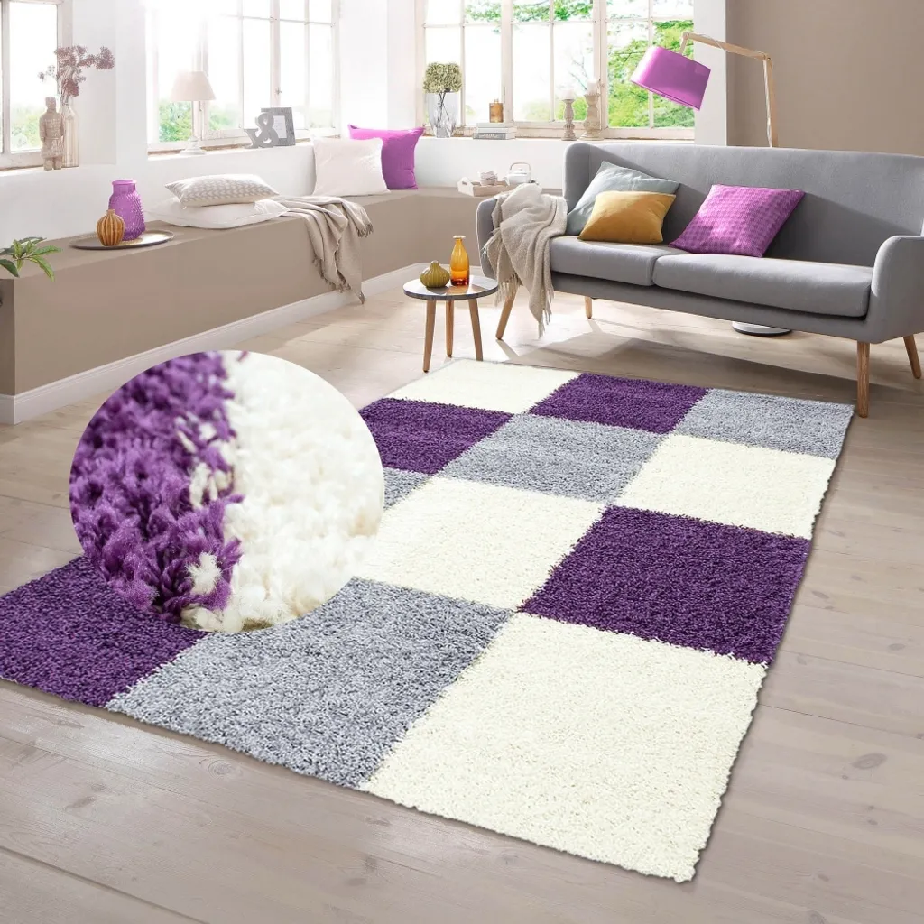 Tapis Shaggy ultra doux violet et gris à carreaux 60 x 110 cm de qualité