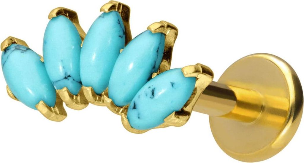 Ohrpiercing, Nasenpiercing Titan Labret mit Innengewinde BOGEN + SYNTHETISCHE TÜRKISE Gold Stablänge: 10mm | Stabstärke: 1,6mm