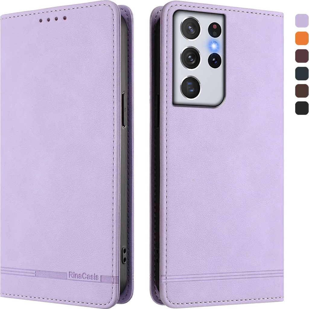 Hülle für Samsung Galaxy S21 Ultra 5G, Retro Kunstleder Ständer Klapphülle mit Kartenfächer und Magnetische Violett