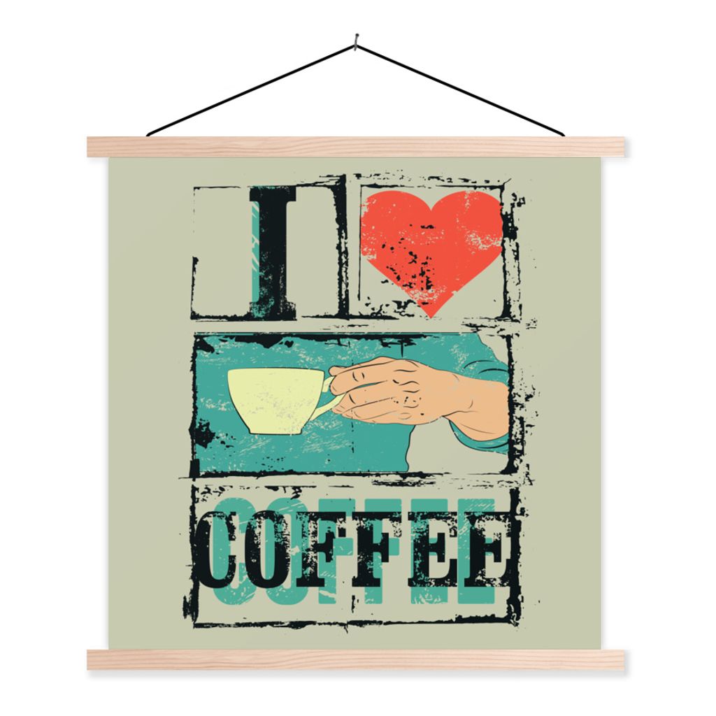 MuchoWow Textilposter Kaffee - Zitate - Vintage - Ich liebe Kaffee - Sprichwörter 120x120 cm mit holzfarbenen Rahmen - Textil-Poster