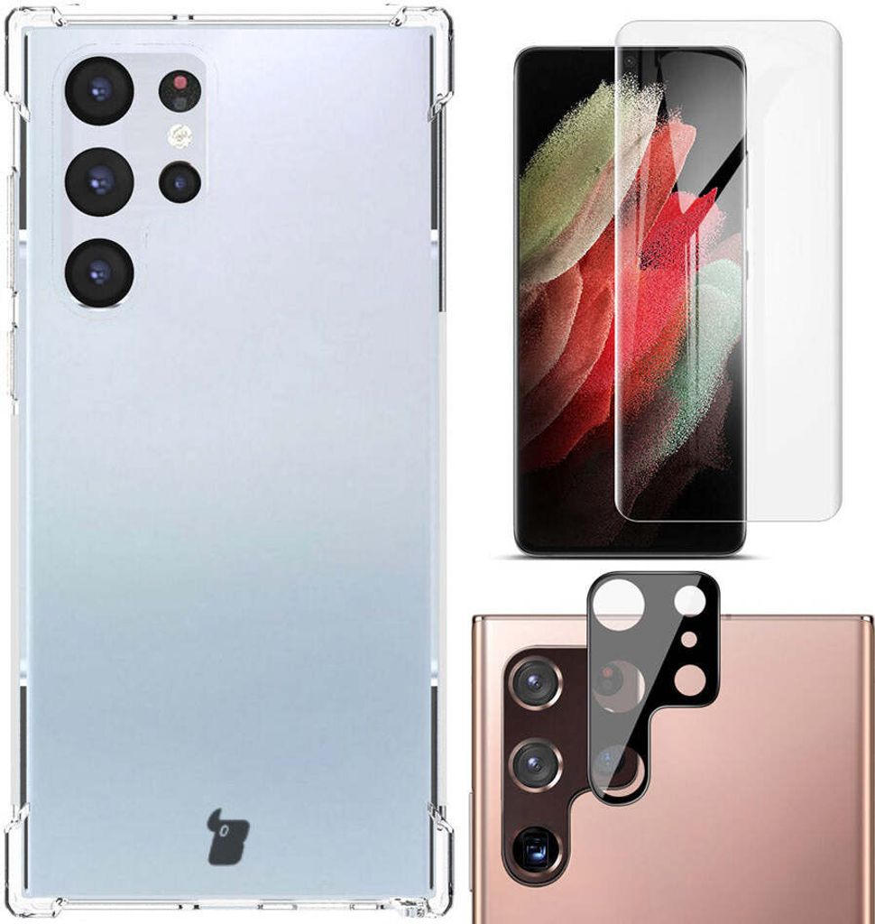 Bizon Case Clear Pack-Hülle + 2x Bildschirmfolie + Linsenschutz Samsung Galaxy S22 Ultra klar