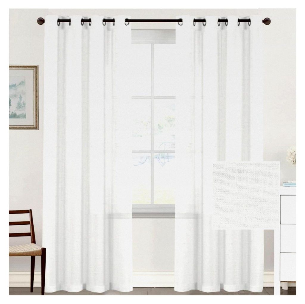 Transparente Leinen Gardinen Vorhänge Voile für das Wohnzimmer, halbtransparent, mit Kräuselband, 2er Set (Weiß, B 120 x H 120 cm)