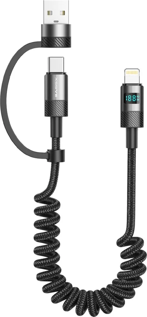 Xssive 2in1 cavo estensibile da 1,5 m per ricarica e dati da Lightning a USB-C e USB-A