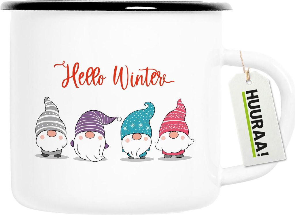 Huuraa Emaille Tasse Hello Winter Wichtel Weihnachtself 300ml Vintage Campingbecher Geschenkidee