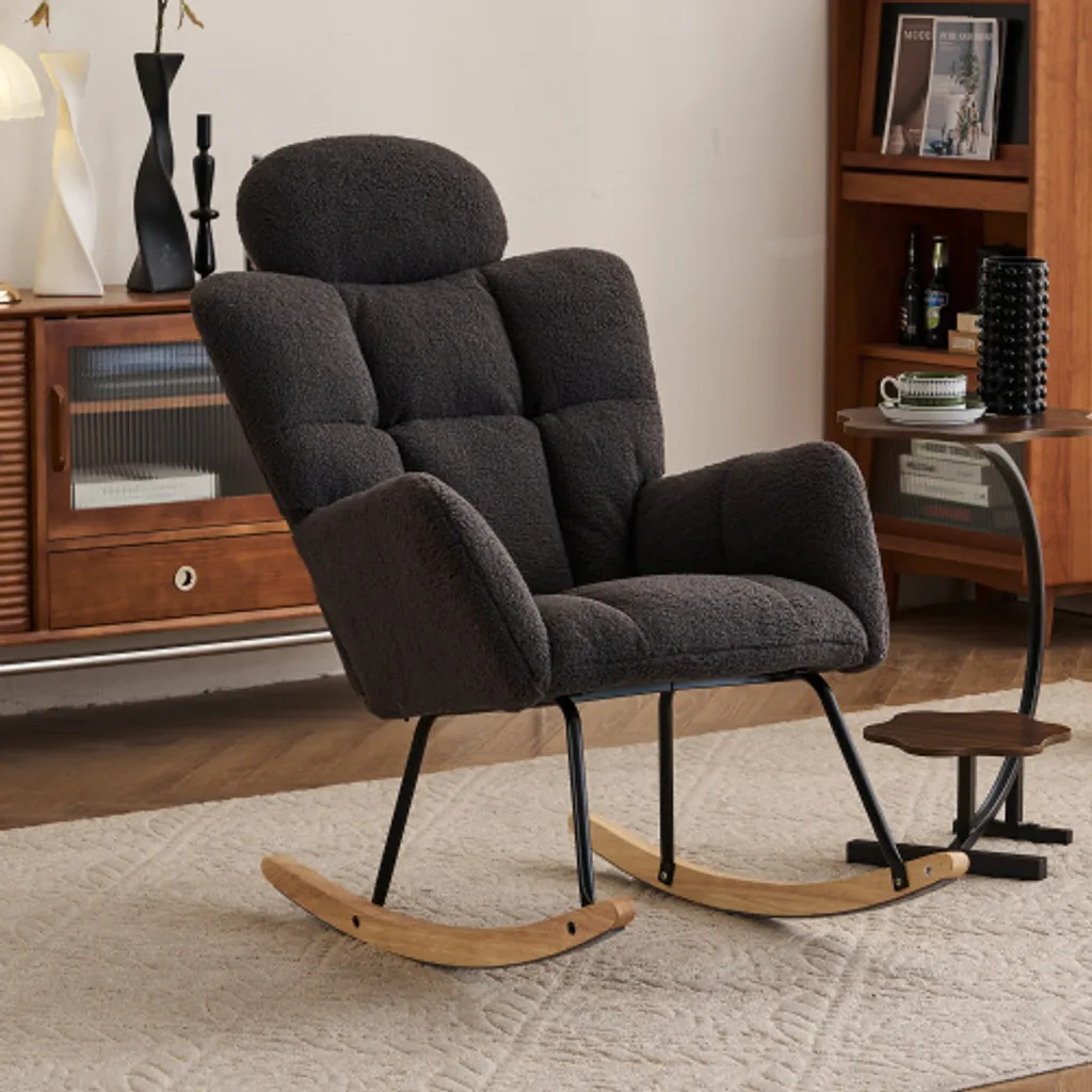 AIORBER Chaise à Bascule en Tissu Teddy Noir avec Pieds en Bois et Métal