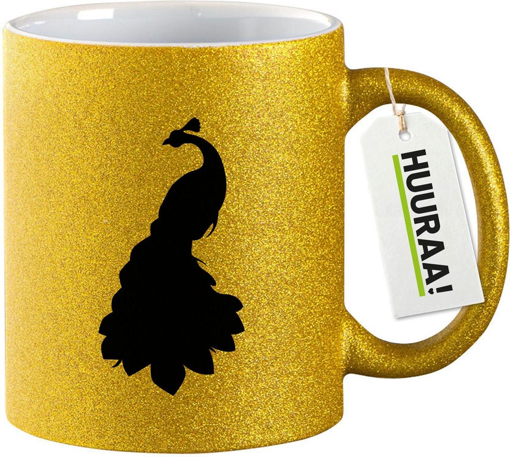 Huuraa Glitzertasse Pfau Silhouette 330ml Gold Keramik Kaffeebecher Geschenkidee