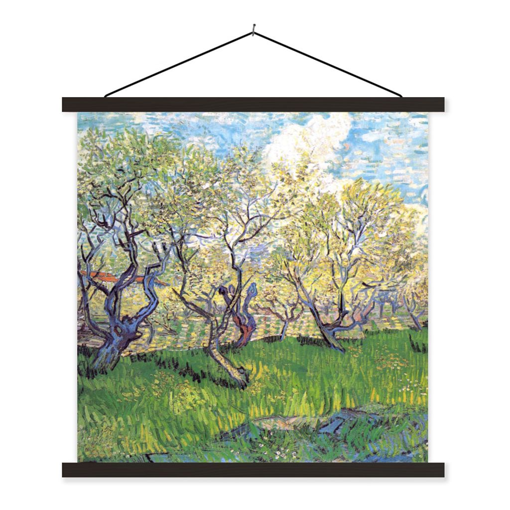 MuchoWow Textilposter Obstgarten mit blühenden Pflaumen - Vincent van Gogh 90x90 cm mit schwarzem Rahmen - Magnetisches