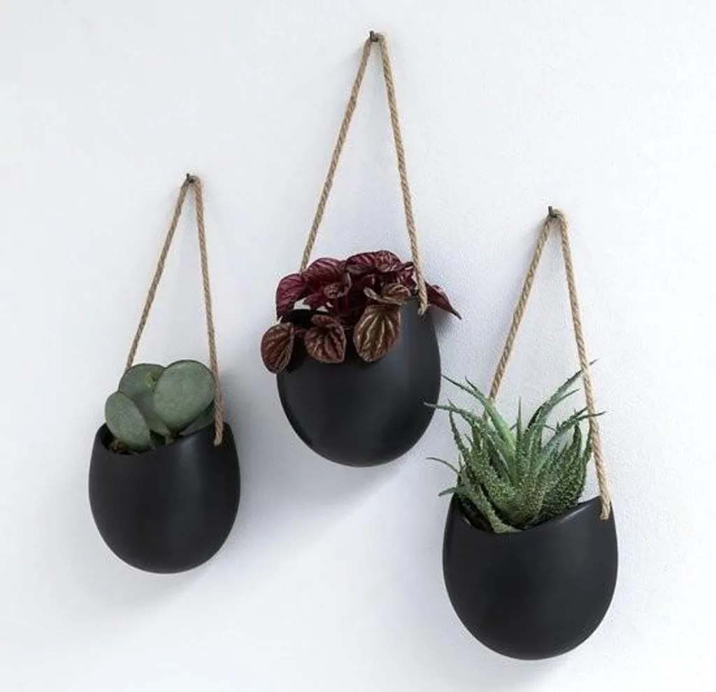 Pots de fleurs muraux Stellar - Lot de 3 pots en céramique noir mat