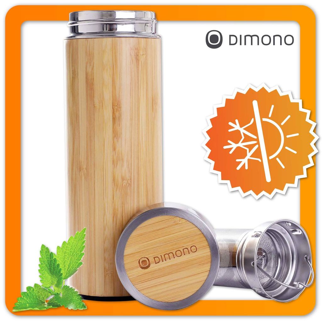 Dimono Premium Thermobecher aus echtem Bambus & Edelstahl Isolierflasche 450ml – Doppelwandiger Thermo Kaffeebecher To Go in Braun