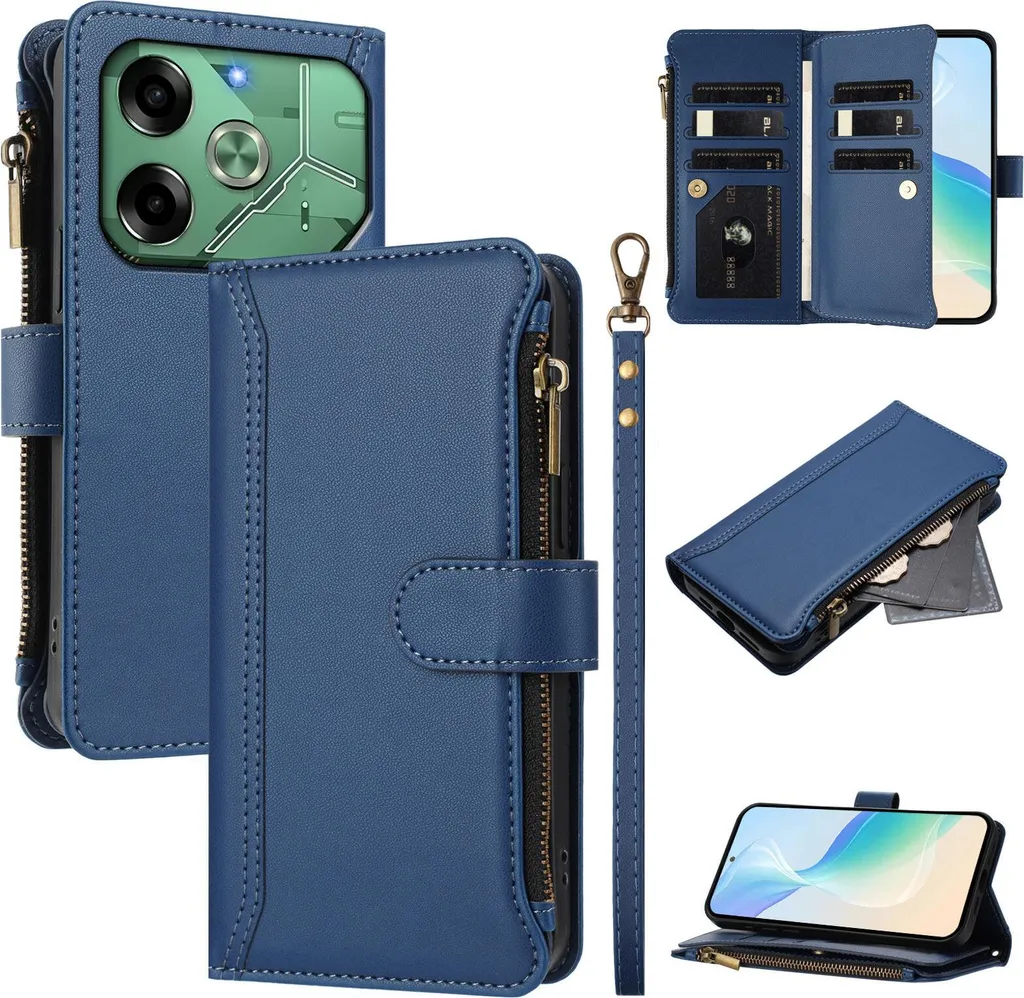 Cover Tecno Pova 6 Pro Flip Case Blu con Slot Carte e Tasca Zip