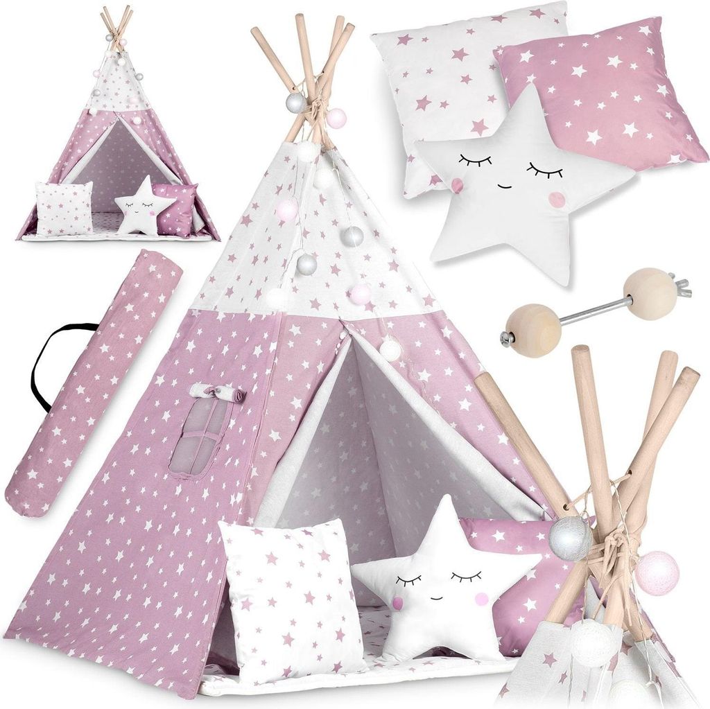 Kinder-Tipi-Zelt mit Lichterkette Nukido - Rosa mit Sternenmuster