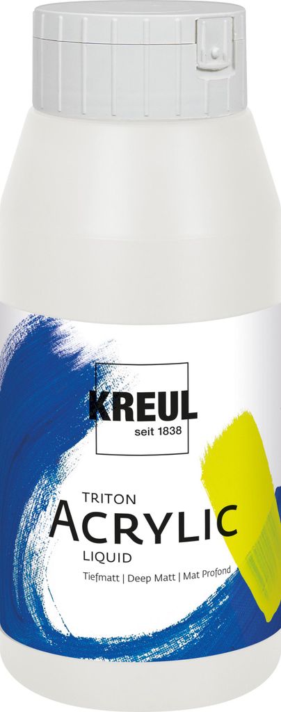 A bottle of white acrylic paint with blue and yellow brush strokes on the label.