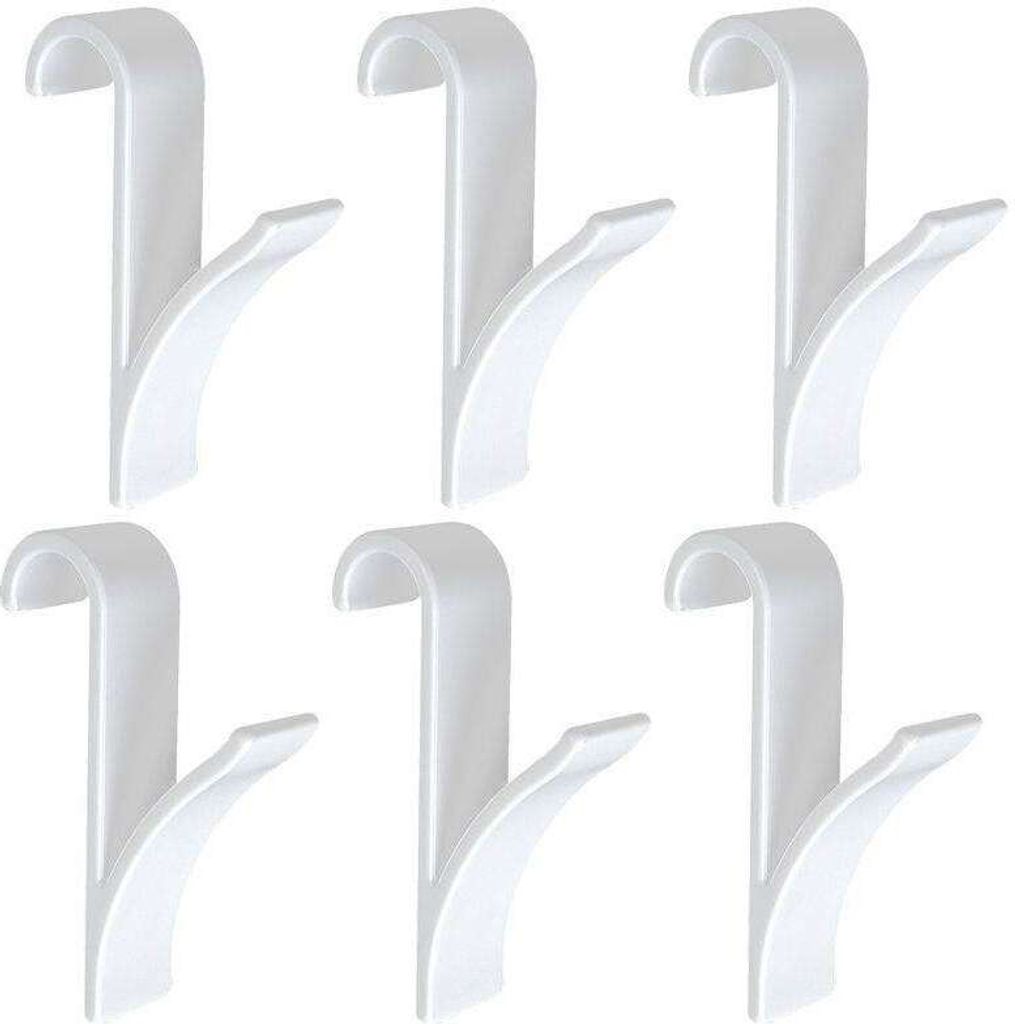 Six white towel hooks arranged in two rows of three against a white background.