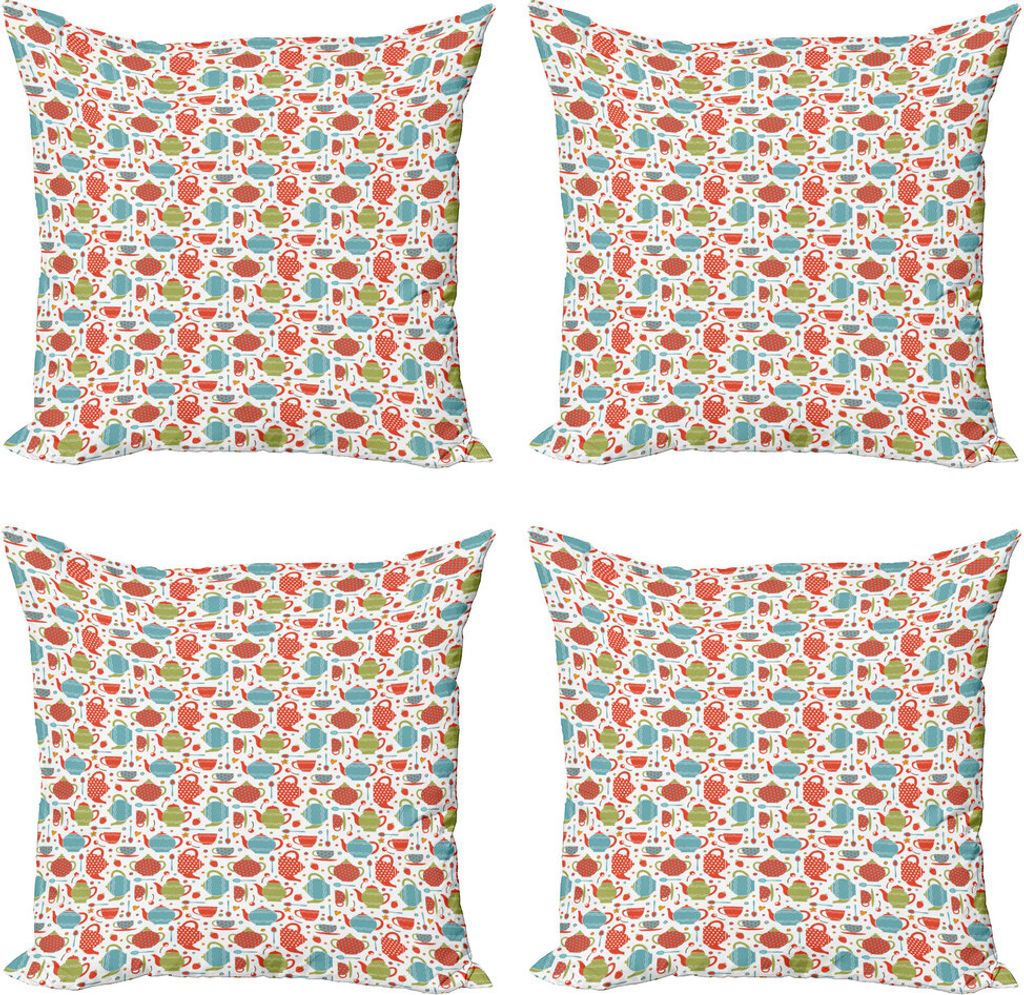 ABAKUHAUS Tee-Party Kissenbezug Set (4 Stück), Töpfe Tassen und Löffel, Moderner Doppelseitiger Digitaldruck, 60 cm x 60 cm, Mehrfarbig