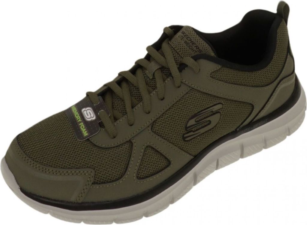 A single olive-colored Skechers sneaker is shown from a side-angle on a white background.