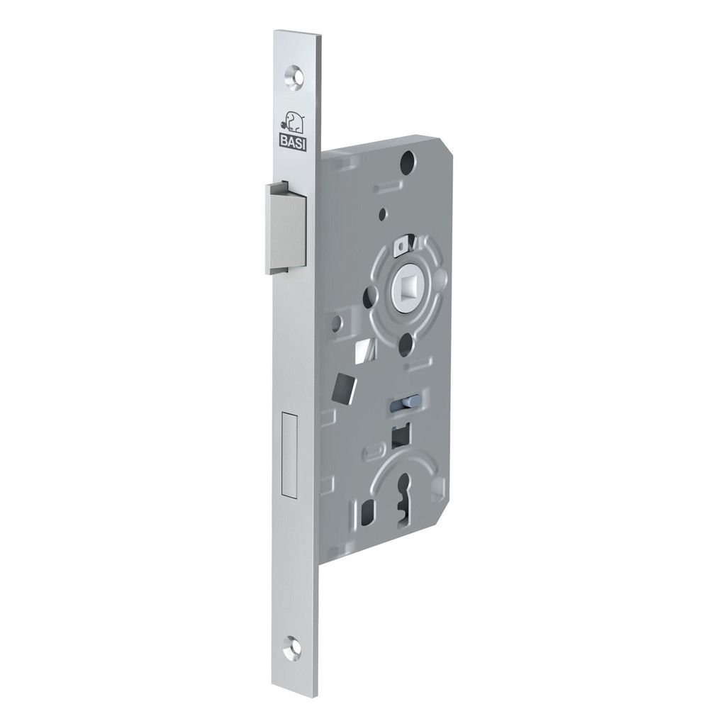 A silver-colored door lock mechanism is shown against a white background.