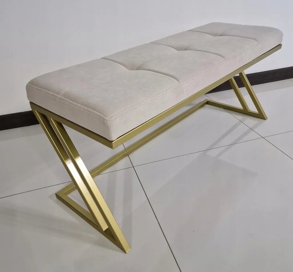 Banc d'entrée velours beige 100 cm métal doré pour petit espace