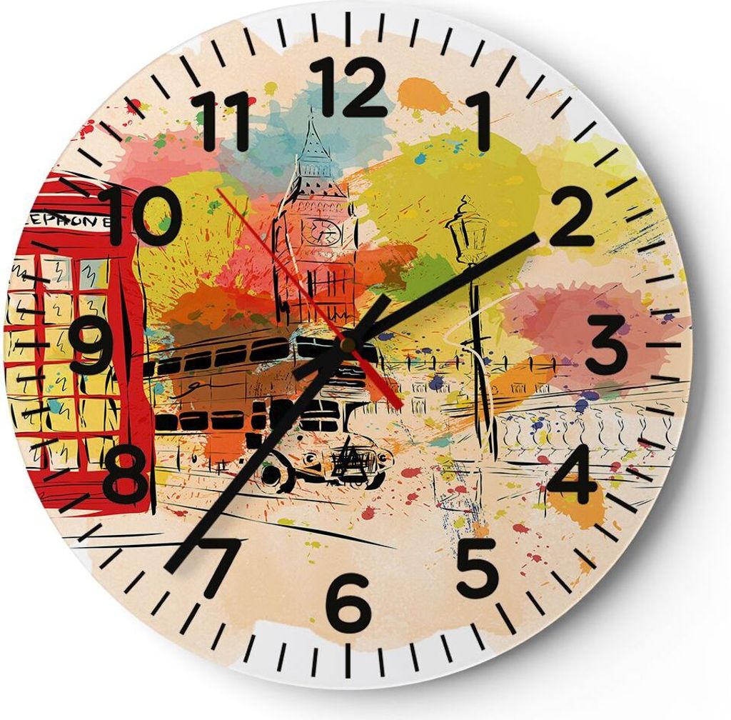 Wanduhr - Rund - Glasuhr - London Bus - 30x30cm - Schleichendes Uhrwerk - Lautlos - zum Aufhängen bereit - Dekoration Modern - Wanddekoration aus ...