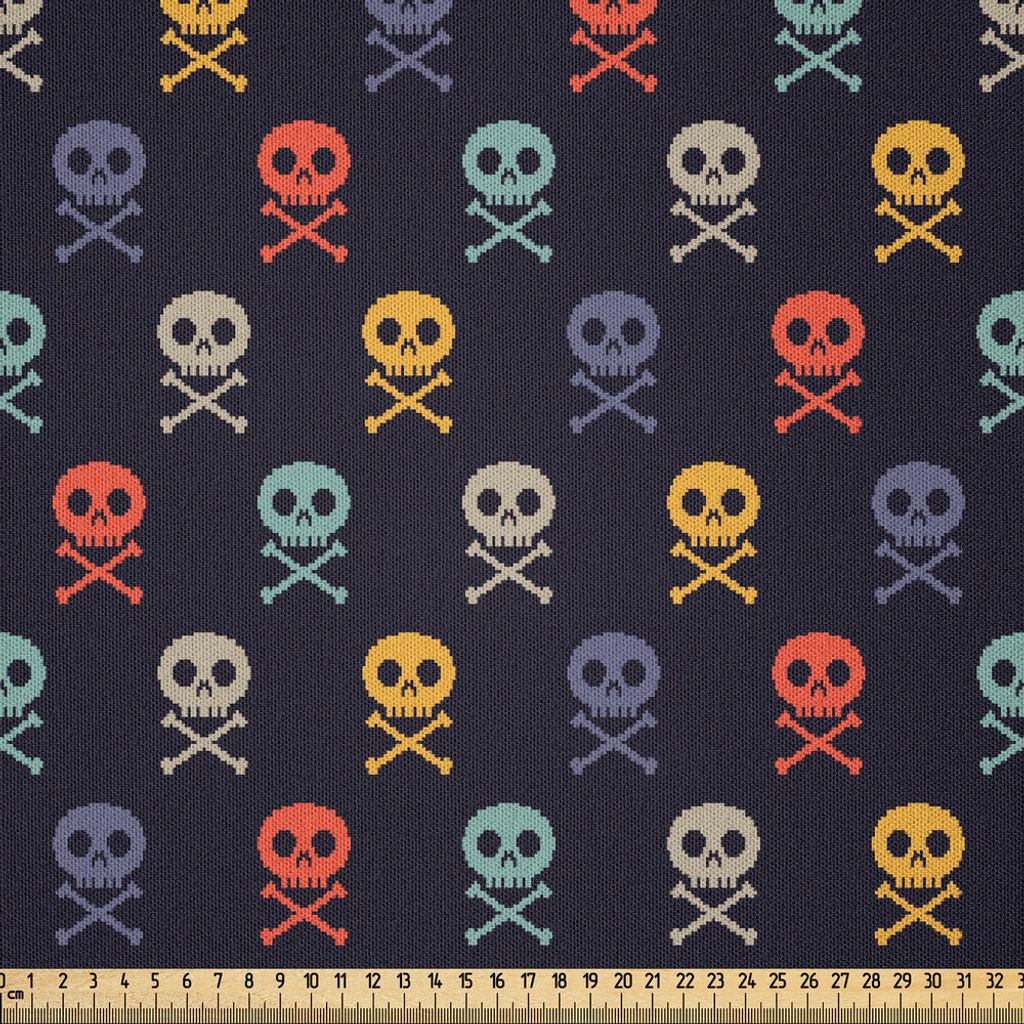 ABAKUHAUS Pixel Kunst Microfaser Stoff als Meterware , Schädel mit Knochen-Piraten-Symbol spornte bunte Motive auf einem Dunkelheit getonten Hinte...