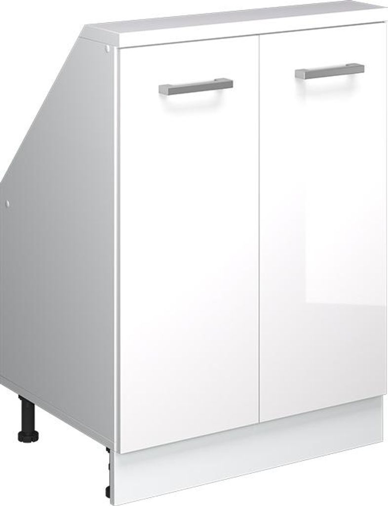 A white high-gloss cabinet with two doors and silver handles, shown from a three-quarter angle.