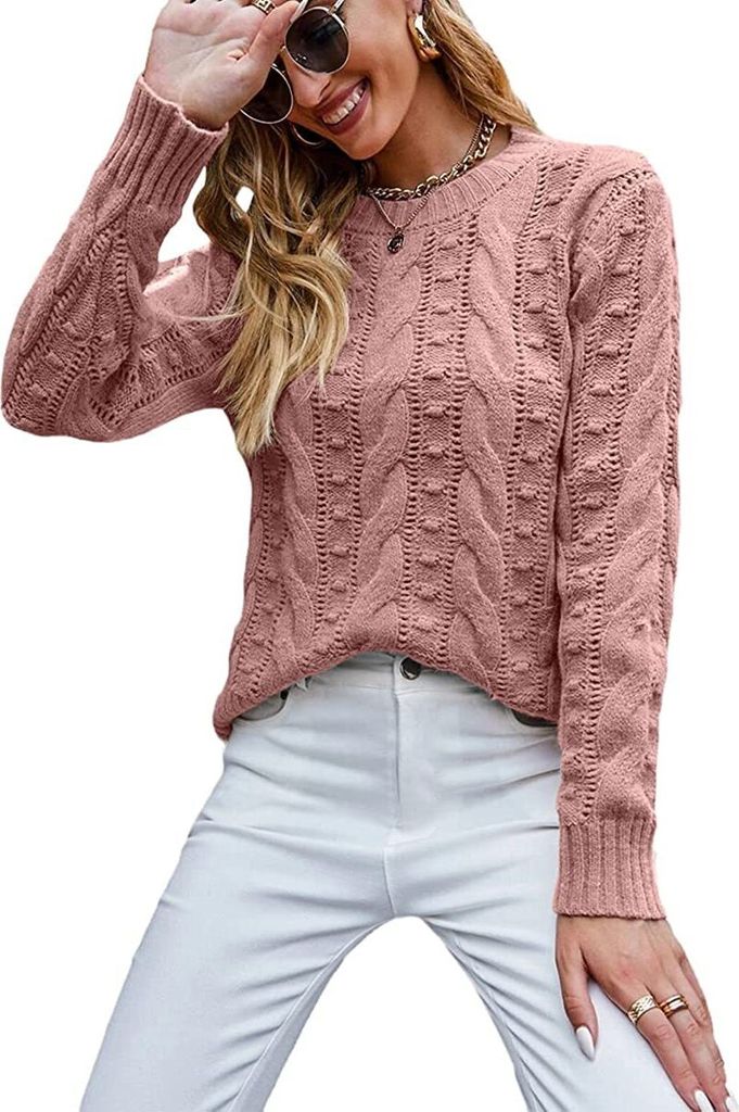 ASKSA Damen Elegant Pullover Casual Langarm Strickpullover Grobstrick Pulli Sweatshirt Oberteile, Rosa, M