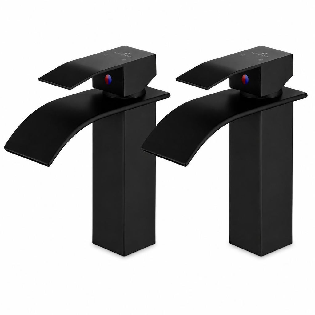 2× Waschtischarmatur Wasserfall,Wasserhahn Bad,Waschbecken Armaturen,Schwarz Mischbatterie Badezimmer,Badarmatur waschbecken,Einhebelmis...
