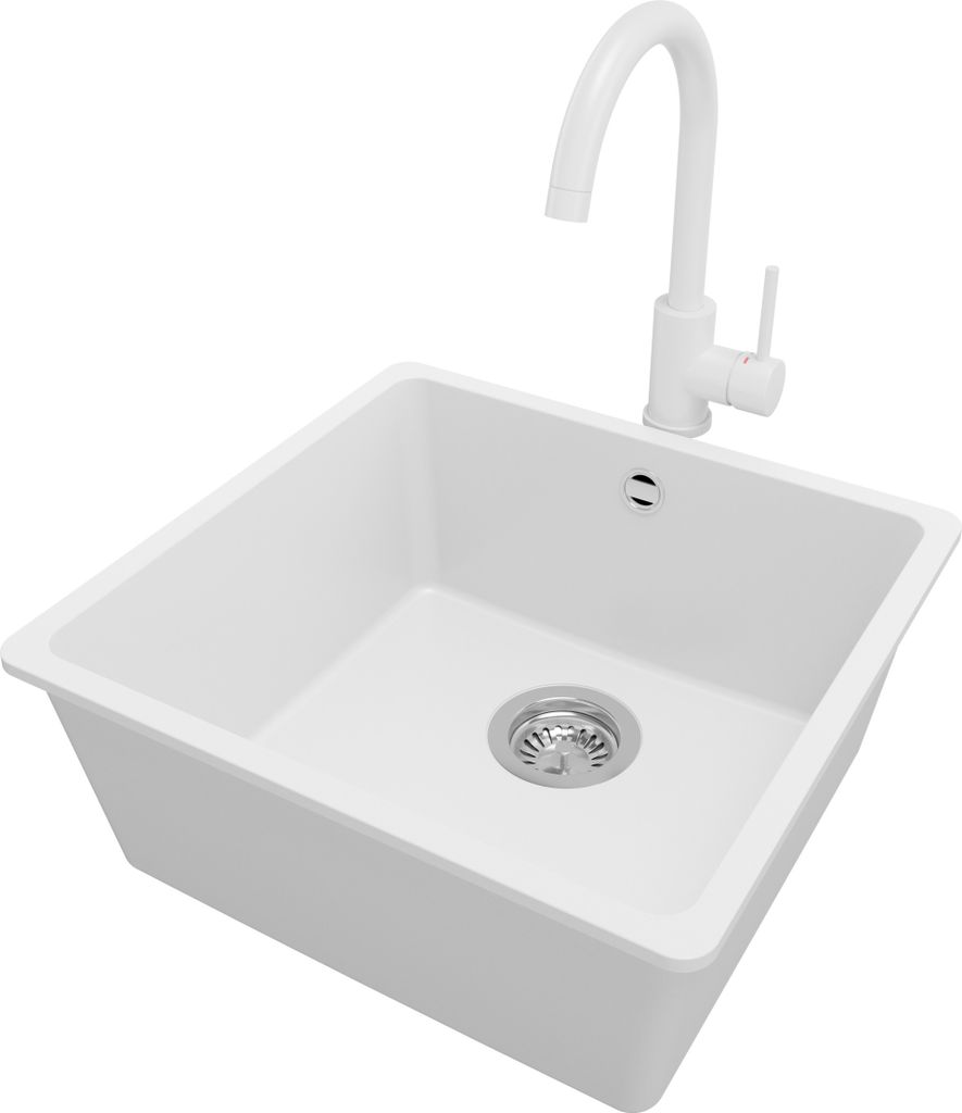 PRIMAGRAN Unterbauspüle Granit Weiß 46x44cm, Spülbecken 1 Becken + Küchenarmatur 32x20cm + Ablauf-Set, Granitspüle ab 50er Unterschrank - Vene...
