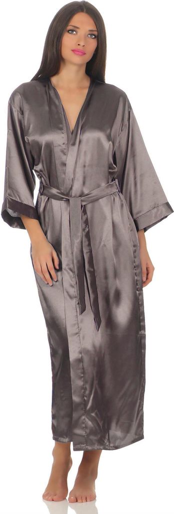 Damen langes Kimono Nachtmantel Seidenrobe Morgenmantel, Taupe 2XL