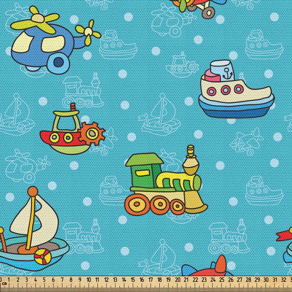 ABAKUHAUS Flugzeug Gewebe als Meterware, Bunte Karikatur-Kinderspielzeug-Zahl-Muster-Boot-Flugzeug-Züge auf blauem Hintergrund, 2 M (148 x 200 cm)...