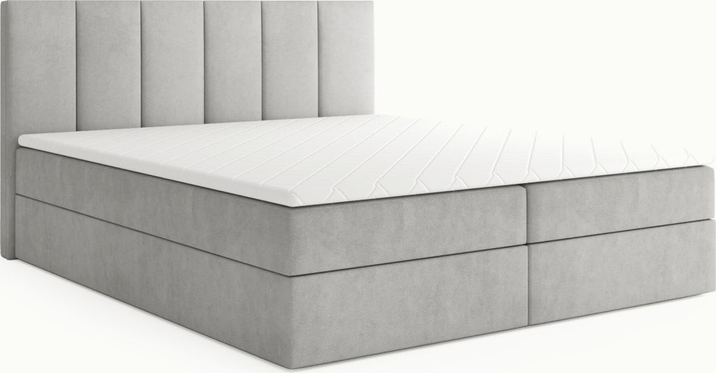 MYSEN Boxspringbett 180x200 Lopez mit Bettkästen mit Matratze (14 cm) mit Topper (4 cm) Komplett-Set Polsterbett Bonell H3 Hellgrau