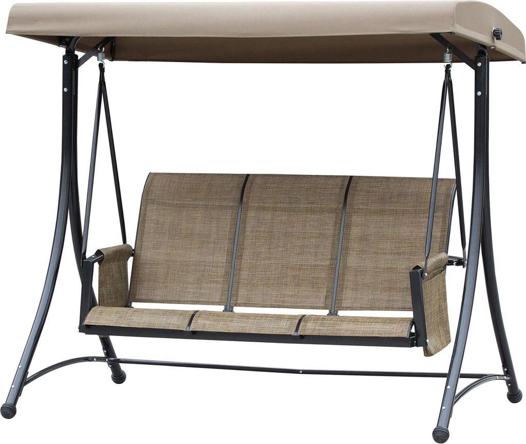3-Sitzer Hollywoodschaukel, Gartenschaukel, Sonnendach, Schaukelbank, Aluminium, Ablage, Braun, 196 x 128 x 172 cm