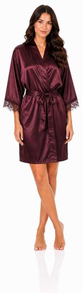 Damen Satin Morgenmantel Kimono kurz mit Spitze Bademantel Produktbild 
