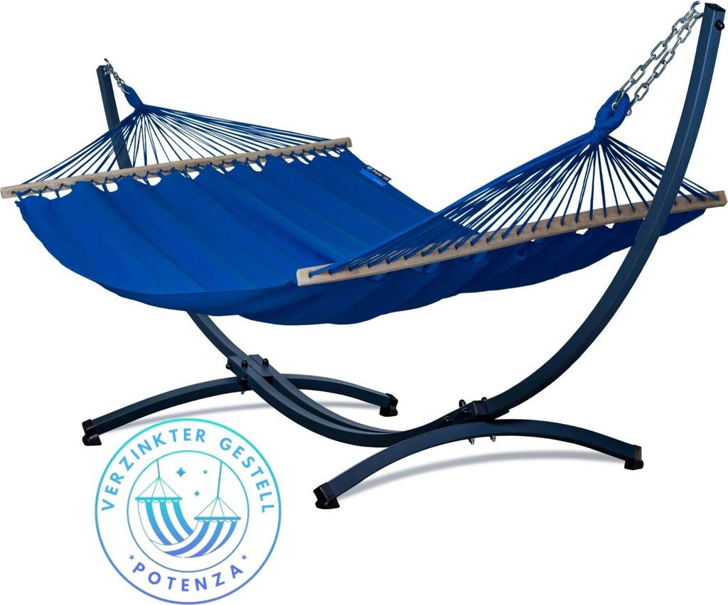 Potenza Outdoor Stabhängematte Hängematte mit Verzinkter Gestell für 2 Personen I 100% Baumwolle Merida Doppelhängematte XXL 215x160, 200kg I H...