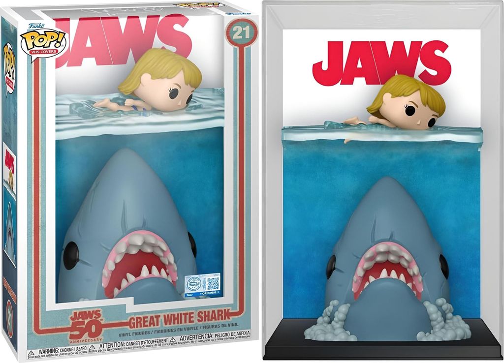 A Funko Pop! Jaws Great White Shark collectible figure in its packaging, with a separate display case version shown next to it.