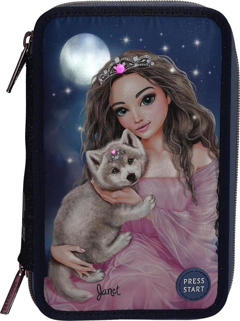 A girl holding a wolf cub under a starry night sky with a moon.