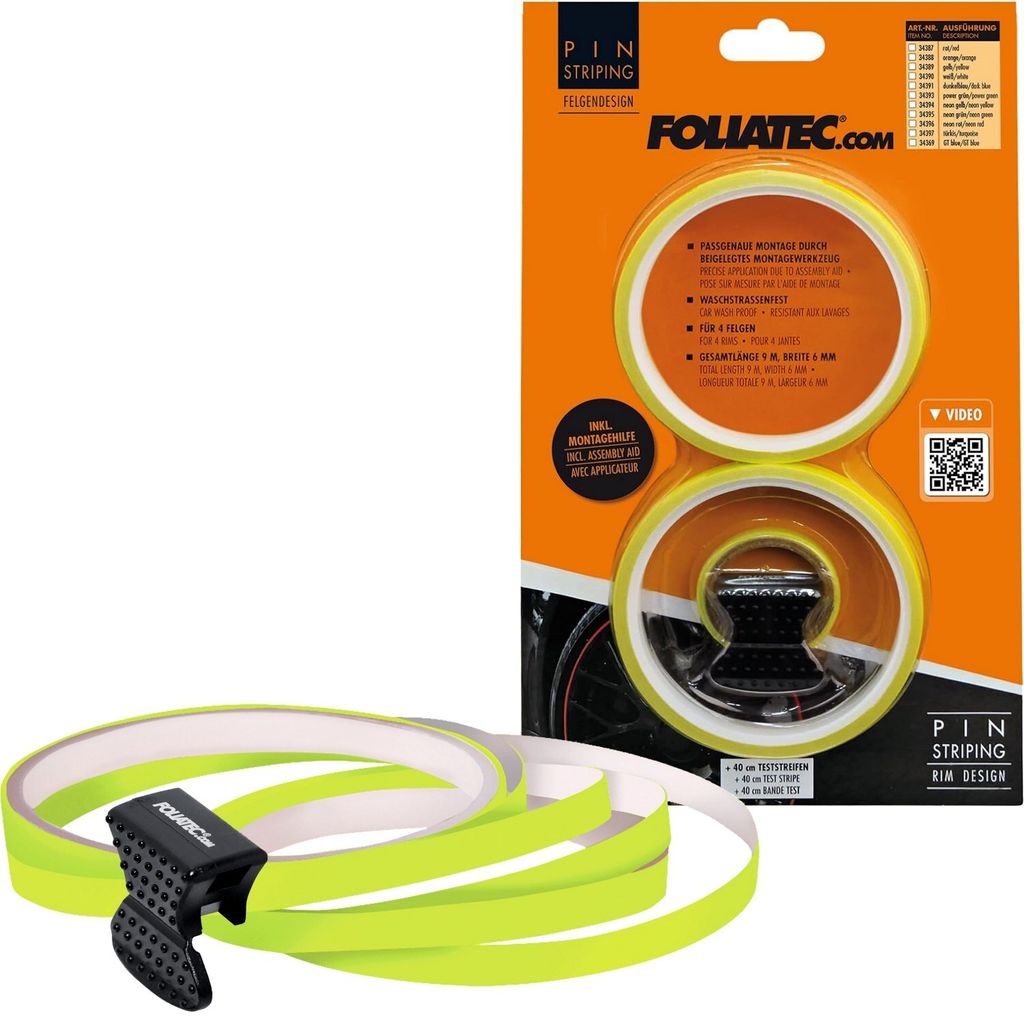 Foliatec Pin Striping Felgendesign PIN Stripes B = 6 mm, inkl. Montagetool, neon gelb