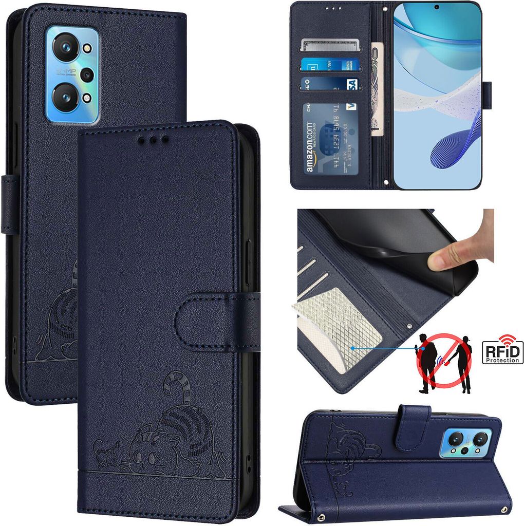 Leder Hülle für Realme GT Neo 3T Süße Katze Flip Case Brieftasche Schutzhülle mit Standfunktion Blau