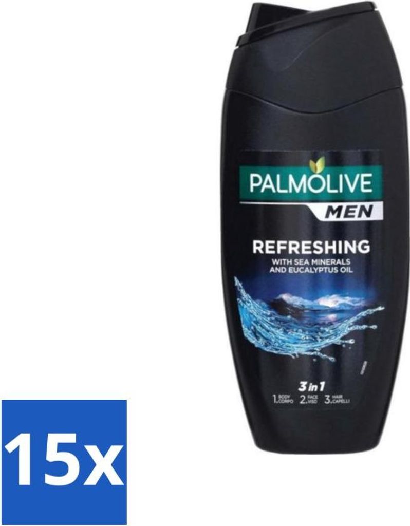 Palmolive Men 3-in-1 Körper Gesicht Haare Erfrischendes ätherisches Eukalyptusöl Meersalzextrakt 250 ml - Vorteilspack - 15 Stücke